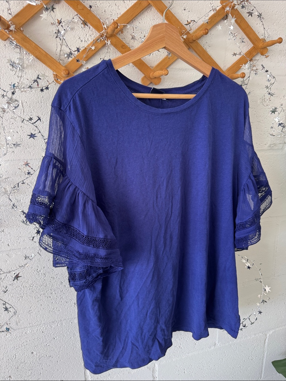 Deep blue purple top with sheer flutter sleeves